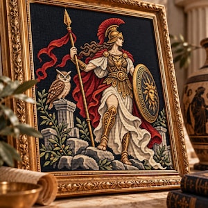 May include: A framed cross-stitch embroidery depicting a warrior figure in golden armor and a red cape, holding a spear and a shield with a sun motif. An owl sits on a stone pillar beside the figure, all set against a dark blue background.