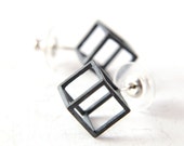 SALE Single Cube Stud Earrings - Oxidized  - Sterling silver