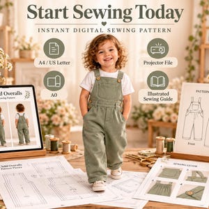 May include: A digital sewing pattern for child overalls titled Start Sewing Today. Includes A4, US Letter, A0, and projector files, an illustrated sewing guide, and pattern flats showing front and back views of the green overalls.