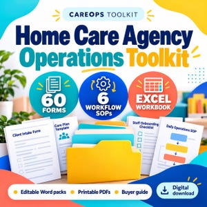 以下が含まれることがあります： 在宅介護エージェンシー向けのCareOpsツールキット。黄色いファイルフォルダー、クライアント取り込みフォーム、ケアプランテンプレート、スタッフオンボーディングチェックリスト、日常業務SOPなどの白い書類、および60のフォームと6つのワークフローSOPを示すアイコンが含まれています。