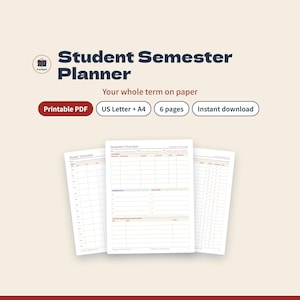 Peut inclure: Un planificateur de semestre étudiant en PDF imprimable de six pages aux formats US Letter et A4. Le document comprend un aperçu du semestre, un emploi du temps hebdomadaire et des grilles avec du texte bleu foncé et des accents rouges.