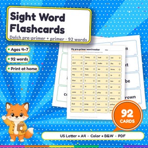 Può includere: Set di flashcard Sight Word con 92 parole Dolch pre-primer e primer per bambini dai 4 ai 7 anni. Include un foglio stampabile per il monitoraggio delle parole, un personaggio volpe e un badge circolare arancione con scritto 92 CARDS. Formato PDF.