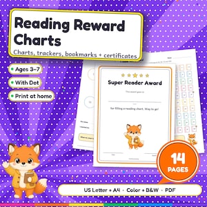May include: Reading Reward Charts with trackers, bookmarks, and certificates for ages 3-7. Includes 14 pages in US Letter and A4 sizes, available in color and black and white PDF formats. Features a cartoon fox character and Super Reader Award.