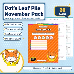 November Preschool Activity Pack | Fall Kindergarten Worksheets: Reading, Math, Fine Motor & Leaf Craft | 30 Page PDF
