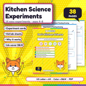 Op de afbeelding: Een digitale downloadset getiteld Kitchen Science Experiments met 38 pagina's aan 16 eenvoudige wetenschappelijke experimenten voor kinderen van 4-8 jaar. Bevat experimentkaarten, labbladen en uitleg in kleur en zwart-wit op US Letter en A4.