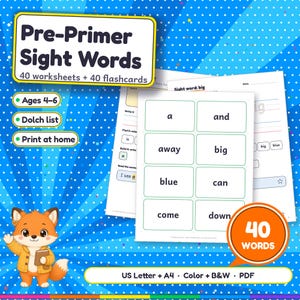 Può includere: Set educativo di parole base Pre-Primer con 40 schede didattiche e 40 flashcard per bambini dai 4 ai 6 anni. Include una lista Dolch, formato PDF stampabile e un'illustrazione di una volpe su sfondo blu con puntini bianchi.