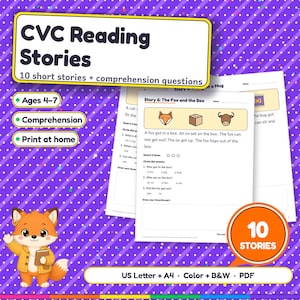 May include: Educational CVC Reading Stories printable set featuring 10 short stories with comprehension questions for ages 4-7. Includes US Letter and A4 PDF formats in colour and black and white. Features a cartoon fox character and text.
