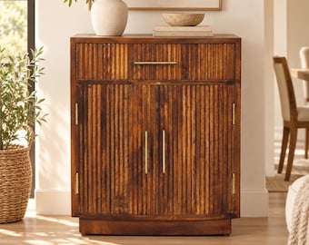 Fluted Bedside Cabinet with Drawer and Two Doors, Velvet Mocha Finish