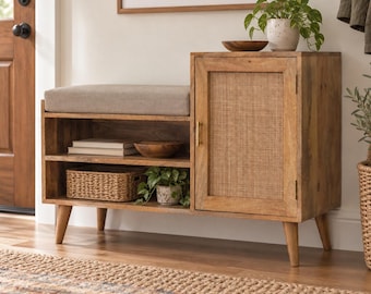 Entryway Storage Bench with Cane Door and Two Open Compartments, Oak-Toned Finish