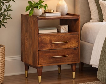 Nightstand with Two Drawers and Upper Open Shelf, Chestnut Finish