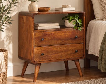 Curved Storage Chest with Two Drawers and Open Shelf, Chestnut Finish