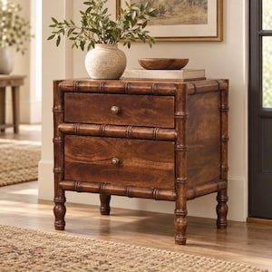Bamboo-Style Mango Wood Nightstand with Two Drawers, Roasted Almond