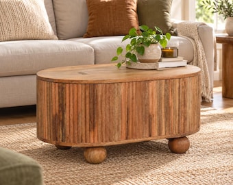 Lift-Top Storage Coffee Table with Ball Feet, Oak-Toned Finish