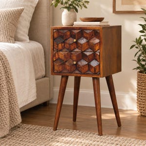 Small Carved Nightstand with Two Cube-Pattern Drawers, Chestnut Finish