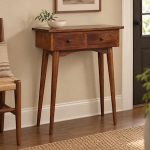 Narrow Console Table with 2 Drawers, Small Mango Wood Entryway Table in Chestnut Finish