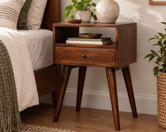Nightstand with One Drawer and Brass Knob, Chestnut Finish