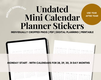 SUNDAY start UNDATED Mini Calendar Digital Planner Stickers | Goodnotes stickers, bujo sticker, productivity sticker, iPad sticker