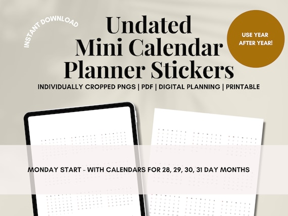 SUNDAY start UNDATED Mini Calendar Digital Planner Stickers | Goodnotes stickers, bujo sticker, productivity sticker, iPad sticker by ColorCoordinated