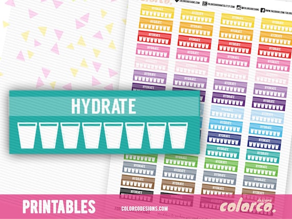 Daily HYDRATE tracker Printable Planner Stickers Erin Condren Happy Planner Hobonichi Instant Digital Download by ColorCoordinated