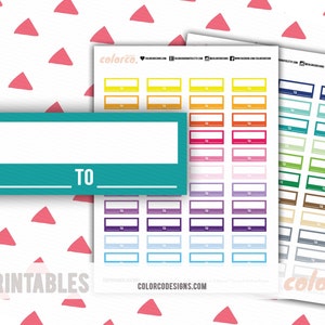 May include: Printable stickers with blank rectangular boxes in various colors, including yellow, orange, red, pink, purple, blue, green, brown, and gray. The text "TO" is written on a teal rectangle.