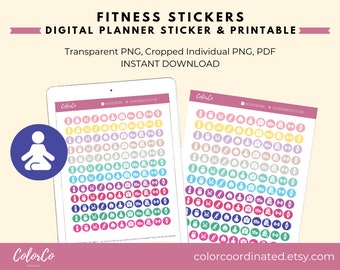 Workout, Gym,  Fitness Icon Digital Planner Stickers| Precropped Stickers for GoodNotes + Notability, Individual Transparent PNG Files, PDF