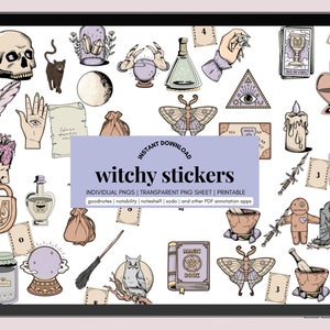 May include: A set of 25 witchy stickers featuring various illustrations, including a skull, a cat, a moon, a crystal ball, a potion bottle, a hand with an eye, a heart, a feather, a bag, a butterfly, a candle, a dagger, a voodoo doll, a tombstone, a lock, a broom, an owl, a magic book, a mortar and pestle, and a tarot card. The stickers are in a variety of colours, including black, white, purple, pink, and green.