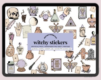 May include: A set of 25 witchy stickers featuring various illustrations, including a skull, a cat, a moon, a crystal ball, a potion bottle, a hand with an eye, a heart, a feather, a bag, a butterfly, a candle, a dagger, a voodoo doll, a tombstone, a lock, a broom, an owl, a magic book, a mortar and pestle, and a tarot card. The stickers are in a variety of colors, including black, white, purple, pink, and green.