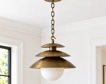 Modern Vintage Brass 3-Layered Shade Pendant | Mid-Century Ceiling Antique Hanging Chain Pendant Light Fixture