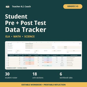 Puede incluir: Un libro de trabajo digital para el seguimiento de datos de pre y post pruebas para estudiantes de grados 3-5, que incluye ELA, matemáticas y ciencias. La interfaz muestra una hoja de cálculo con códigos de estudiantes y métricas de progreso.