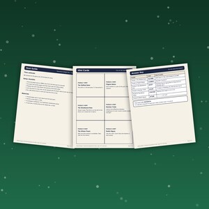 Może przedstawiać: Trzy wydrukowane arkusze papieru zatytułowane Host Guide, Hint Cards i Answer Key do gry. Dokumenty zawierają czarny tekst na kremowym tle, w tym instrukcje, wskazówki do zagadek oraz tabelę z kodami i odpowiedziami do Operation Sleigh Key.
