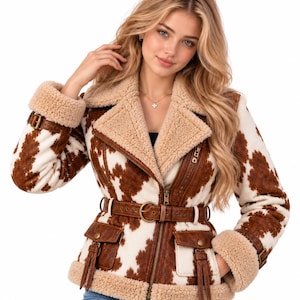 Unisex Cowhide Shearling Jacket, Genuine Leather Biker Coat, Brown White Hair On Hide Jacket, Western Winter Coat for Men and Women