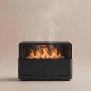 May include: A rectangular black electric fireplace heater with a smooth matte finish. The unit features a central glass-enclosed chamber displaying realistic orange flames and glowing embers, with wisps of white smoke rising upward.