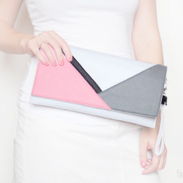 Black Friday - 15% off White pink gray and black geometric felt clutch bag