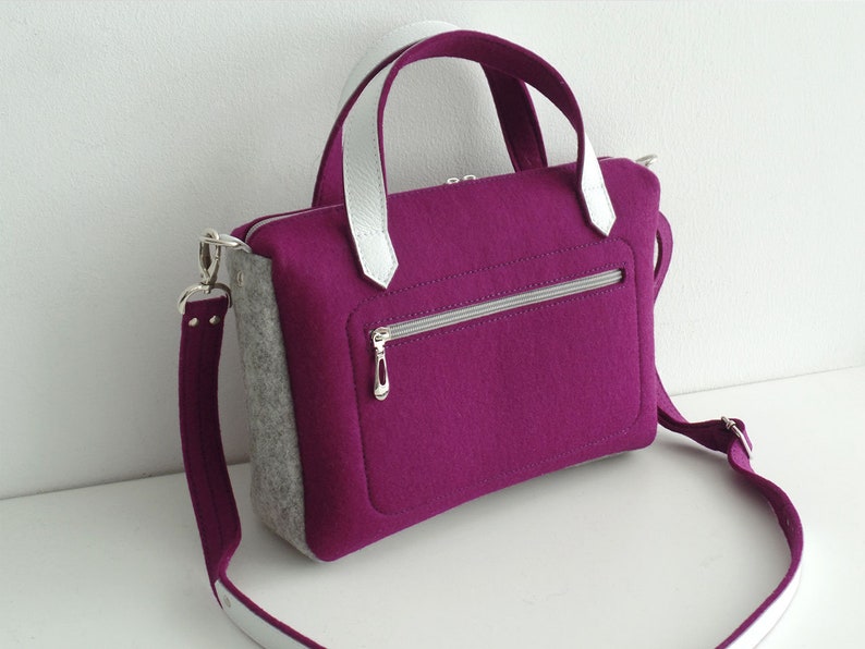 Purple Gray White Wool Felt Leather Crossbody Bag