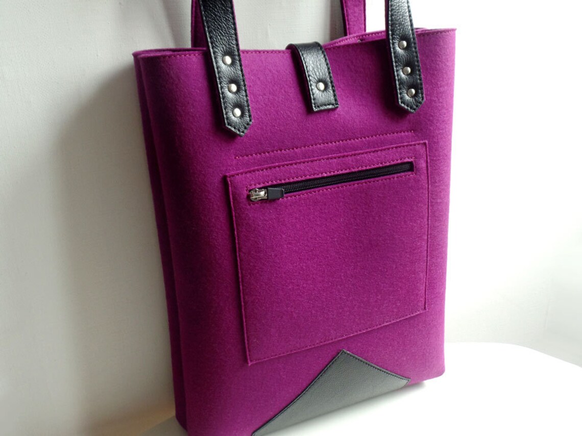 Purple wool felt leather tote bag Felt leather handbag Etsy
