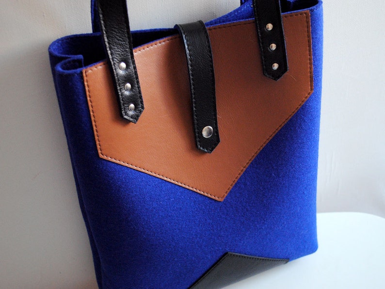 Navy Blue Brown Black Wool Felt Genuine Leather Tote Bag
