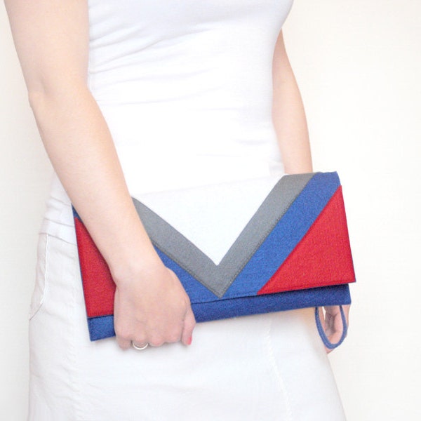 SPRING SALE 20% OFF Geometric navy blue grey white red felt clutch bag