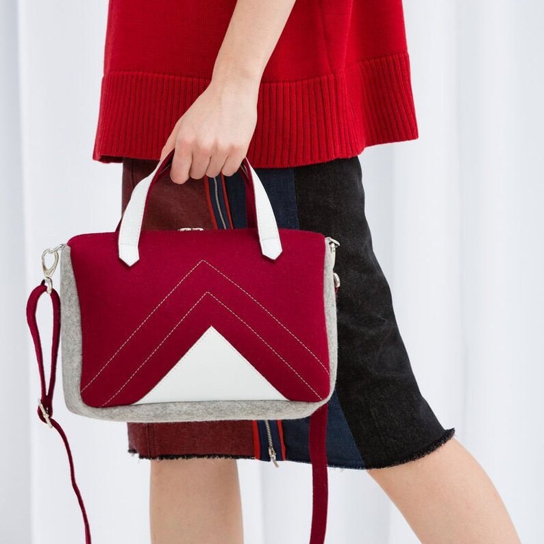 Purple Gray White Wool Felt Leather Crossbody Bag