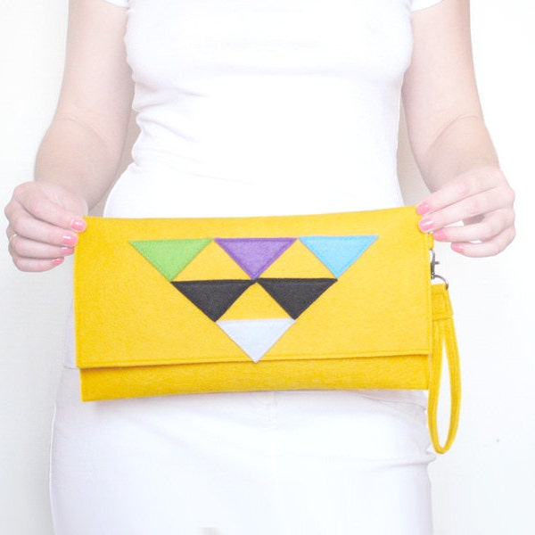 SALE 20%OFF Geometric yellow felt clutch bag