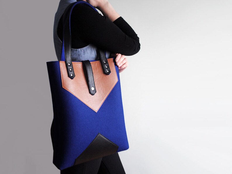 Navy Blue Brown Black Wool Felt Genuine Leather Tote Bag