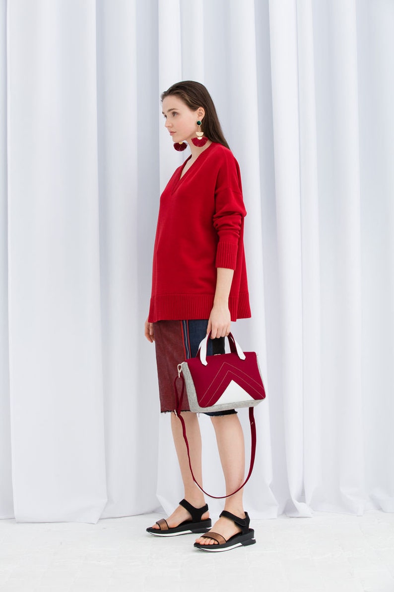 Purple Gray White Wool Felt Leather Crossbody Bag