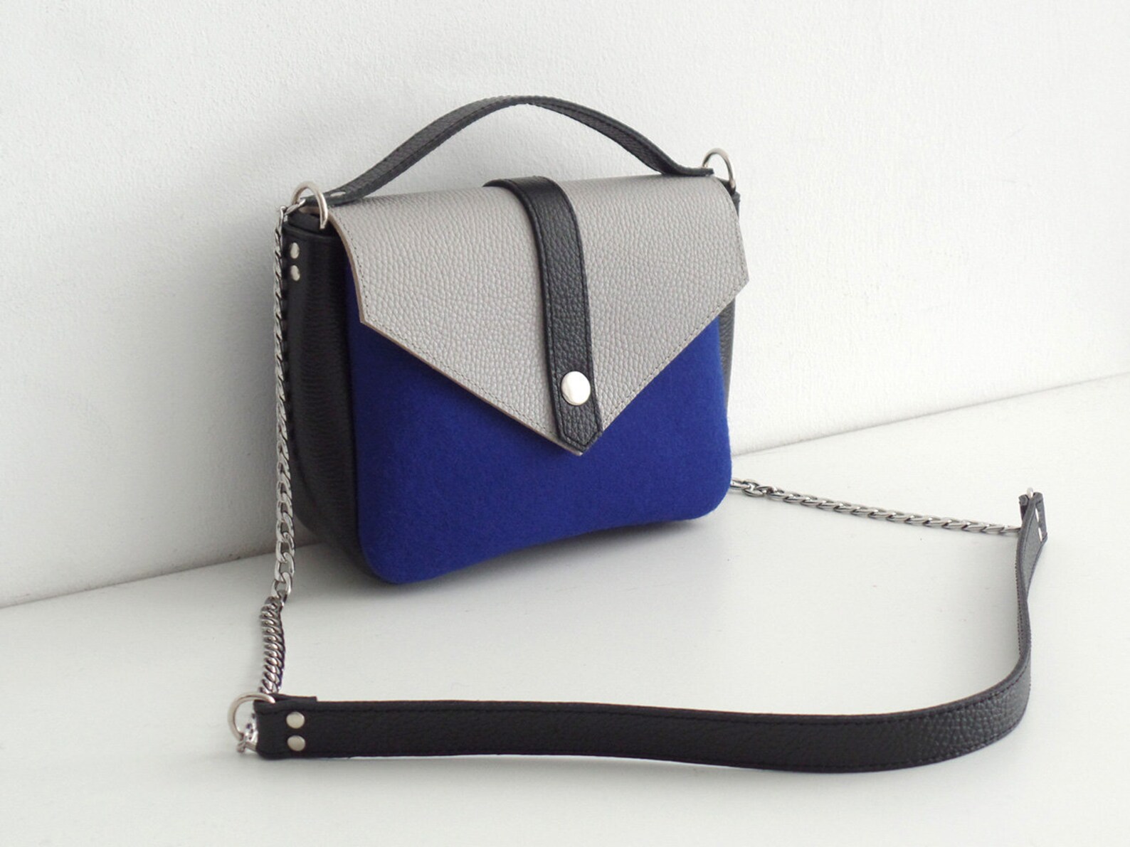 Navy blue felt leather crossbody bag Women purse with chain Etsy