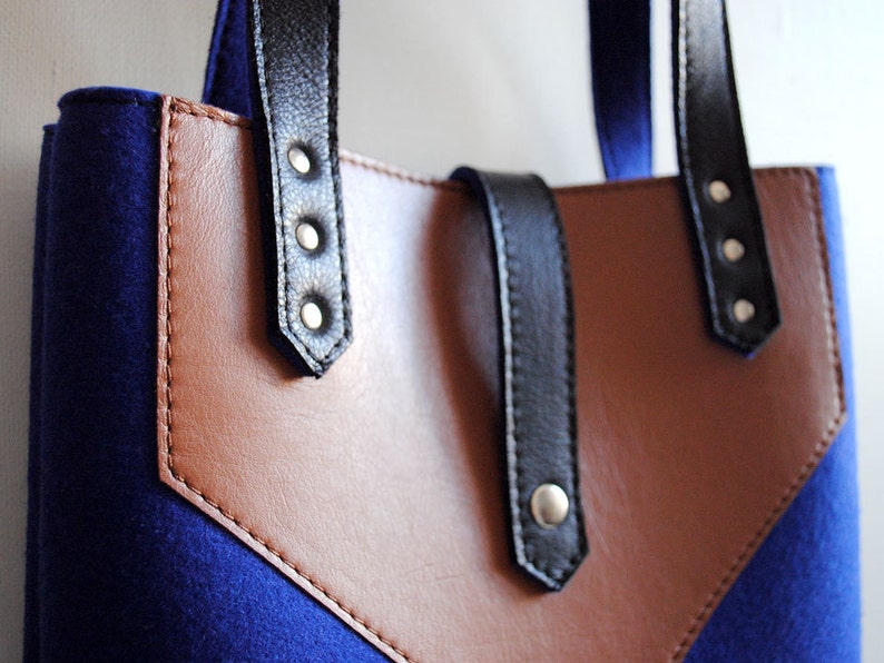 Navy Blue Brown Black Wool Felt Genuine Leather Tote Bag