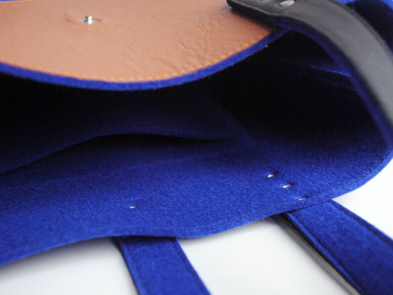 Navy Blue Brown Black Wool Felt Genuine Leather Tote Bag