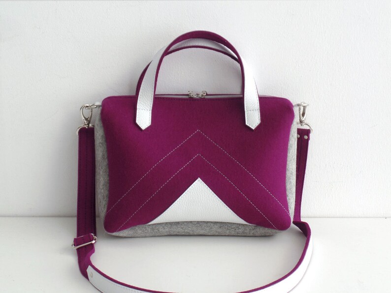 Purple Gray White Wool Felt Leather Crossbody Bag