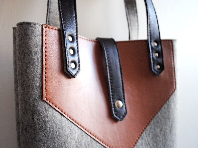 Light gray wool felt leather tote bag Felt leather handbag Etsy