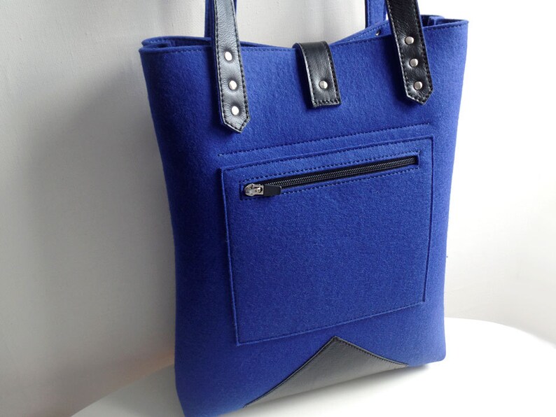 Navy Blue Brown Black Wool Felt Genuine Leather Tote Bag