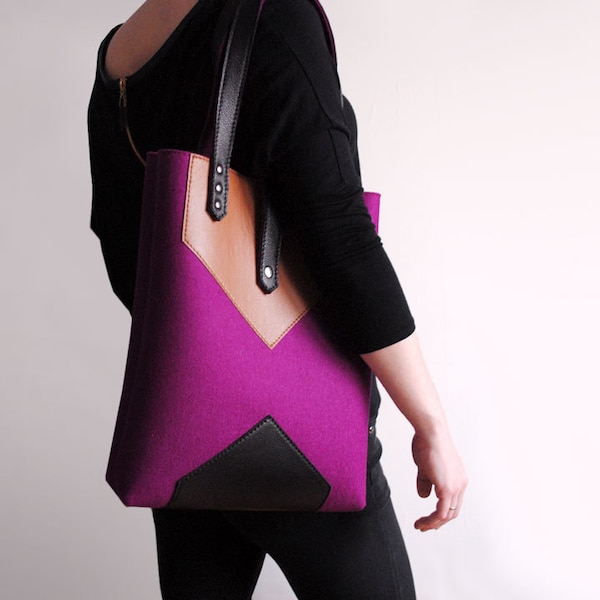 Purple wool felt leather tote bag | Felt leather handbag | Wool shoulder bag | Big shopper bag