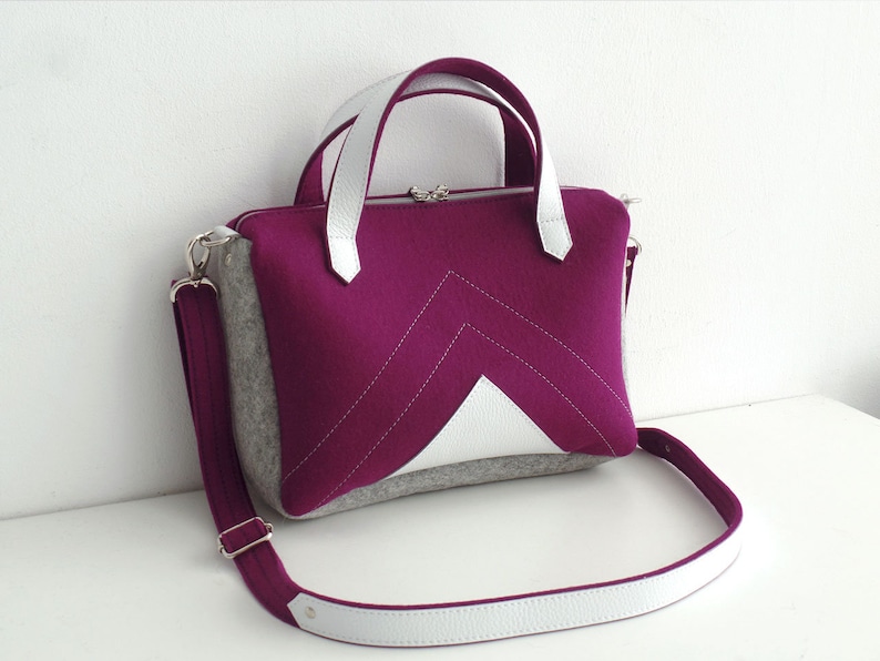 Purple Gray White Wool Felt Leather Crossbody Bag