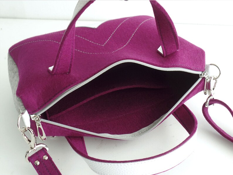 Purple Gray White Wool Felt Leather Crossbody Bag